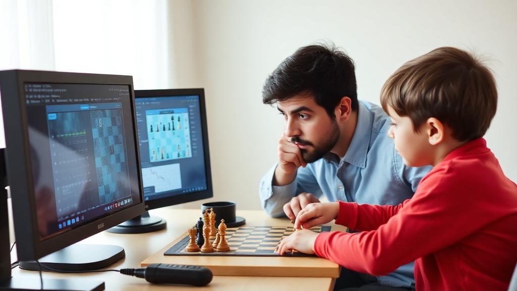 Coach teaching child to analyze chess games