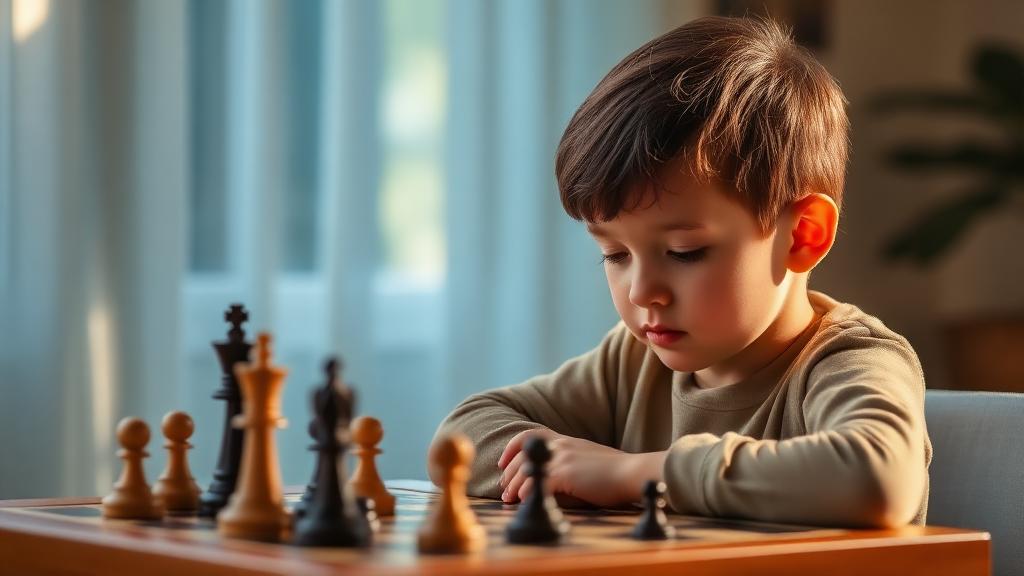 Calm relaxed child playing chess peacefully