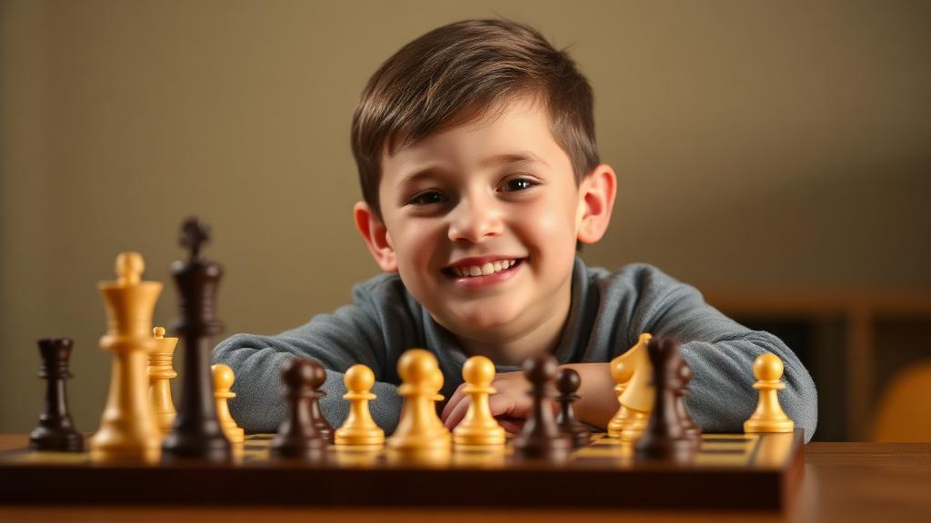Child smiling confidently after winning chess game