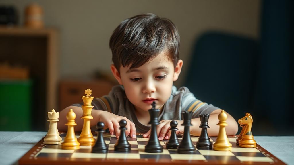 Child balancing multiple activities including chess