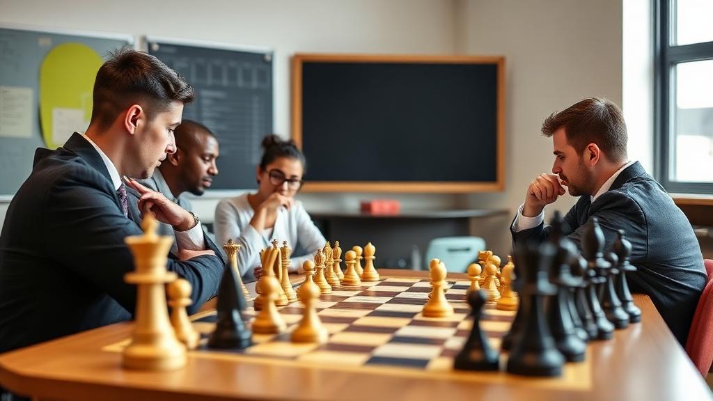 Chess coach teaching young students in academy