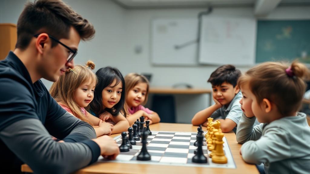 Chess academy classroom with engaged students and instructor