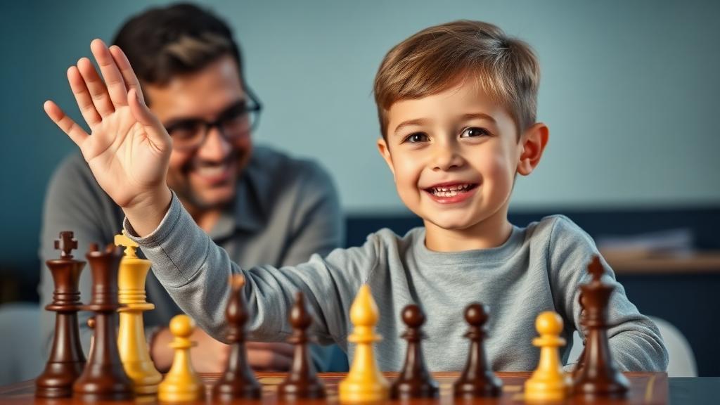 Child celebrating chess victory