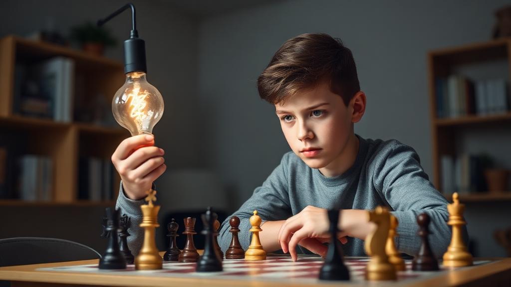 Young student analyzing chess position with critical thinking