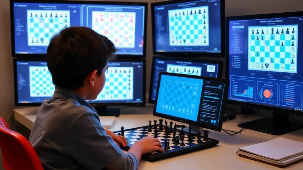 Child comparing chess strategies on multiple screens