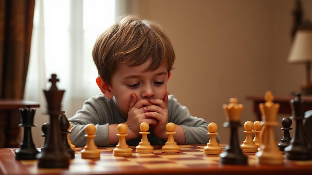 Child taking deep breath before chess move