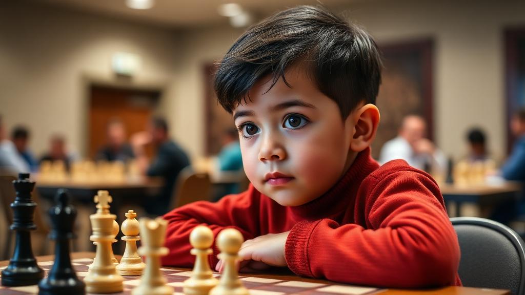 Young chess player at first tournament with clock and board