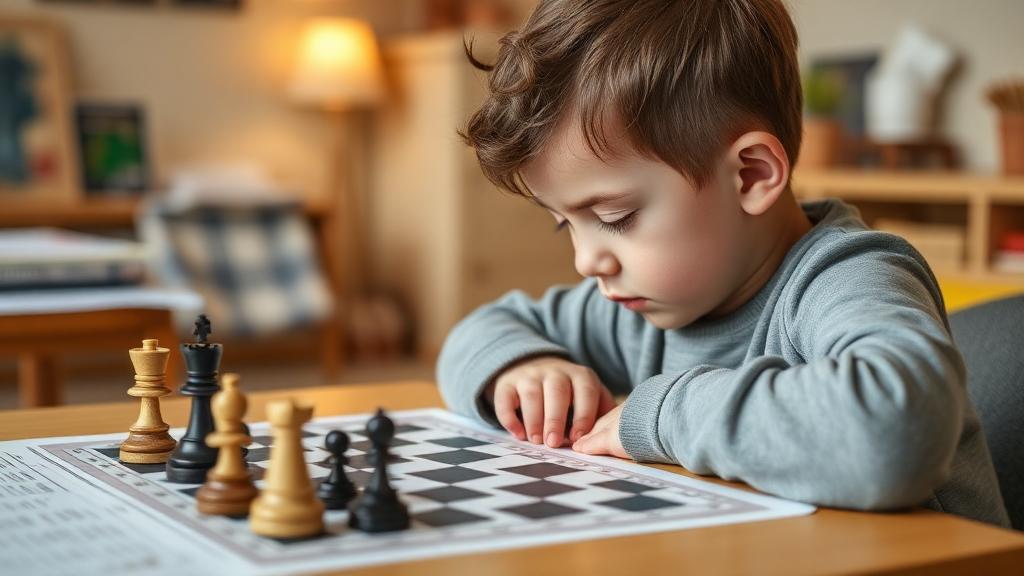 Young chess student completing homework puzzles