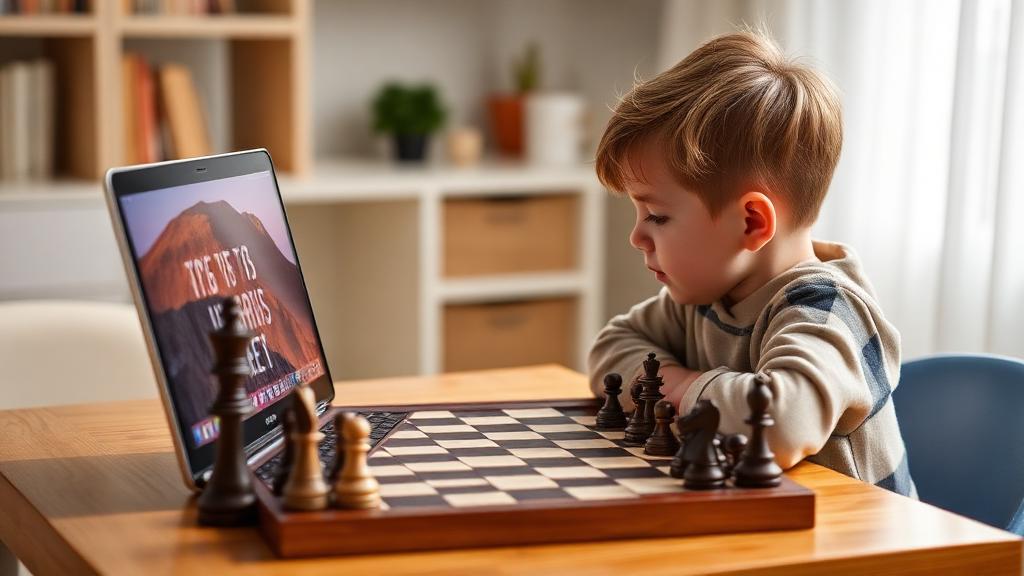Child engaging in hybrid chess learning with online lesson and physical board