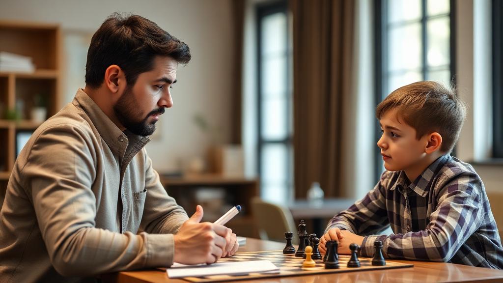 Parent having consultation conversation with chess instructor