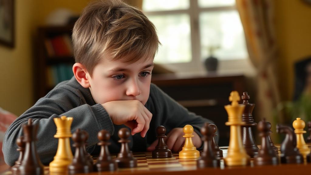 Older child starting chess training with determination