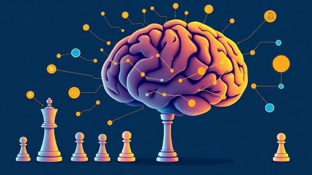 Child brain illustration with chess pieces and neural connections