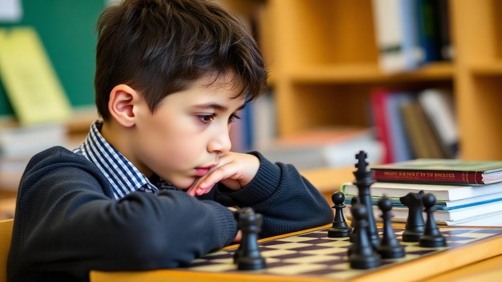 Young student deeply concentrating on chess position