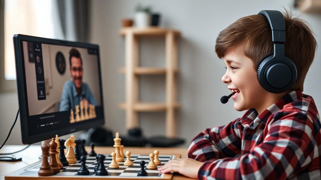 Child receiving online chess coaching from international master