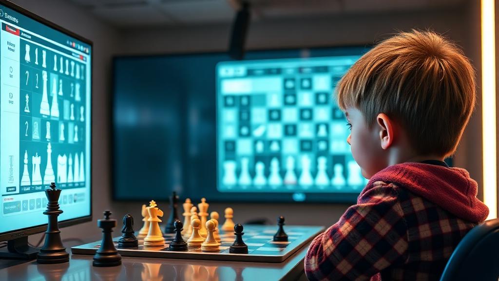 Child engaged in online chess lesson with virtual instructor