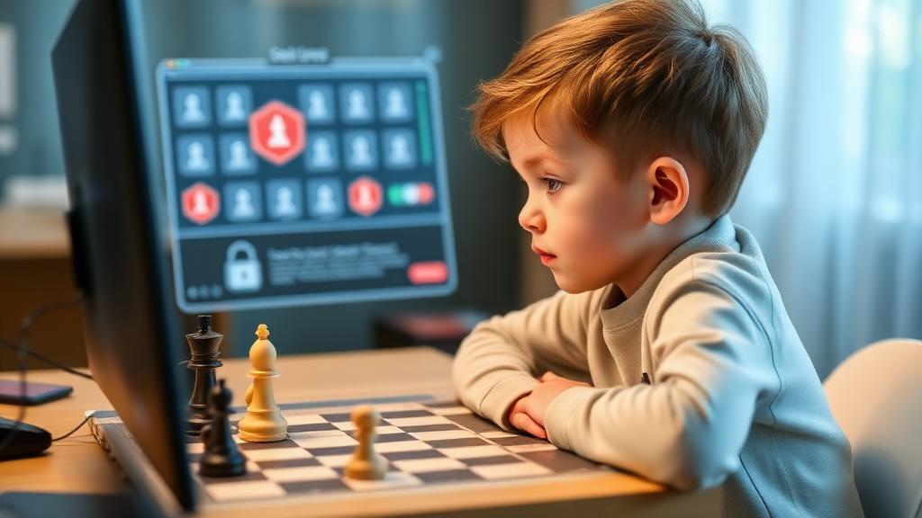 Child safely engaged in online chess lesson with proper supervision