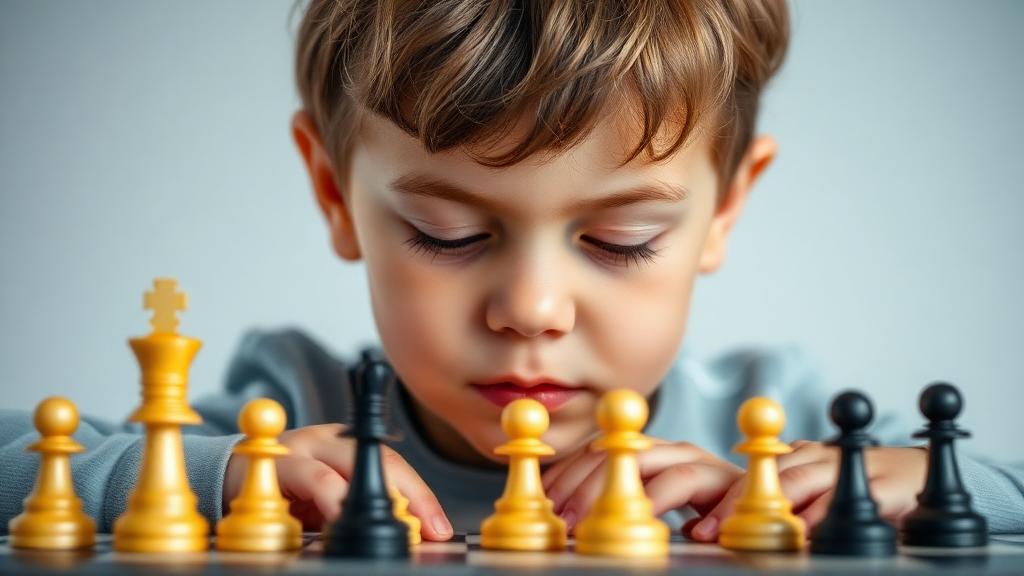 Patient child thinking carefully before making chess move