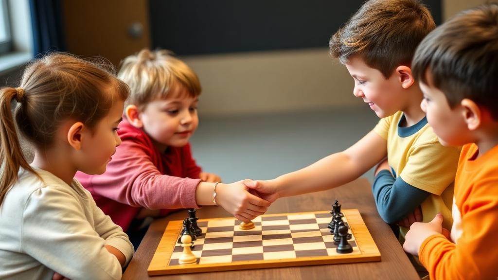 Children showing emotional intelligence through chess handshake