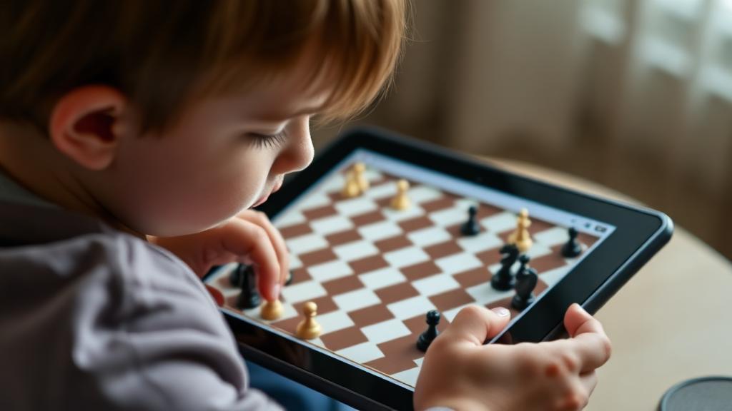 Child solving chess puzzles on tablet for tactical training