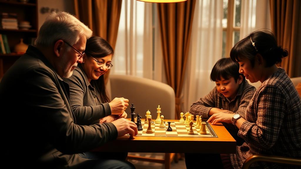 Family chess game night with parents and children