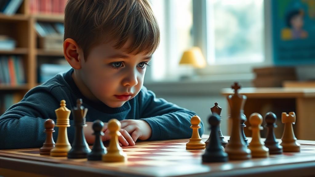 Child focused on chess board thinking strategically