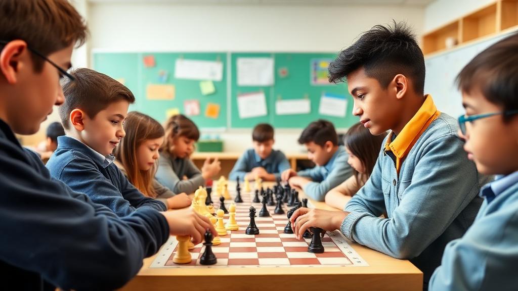 School students in classroom playing chess together